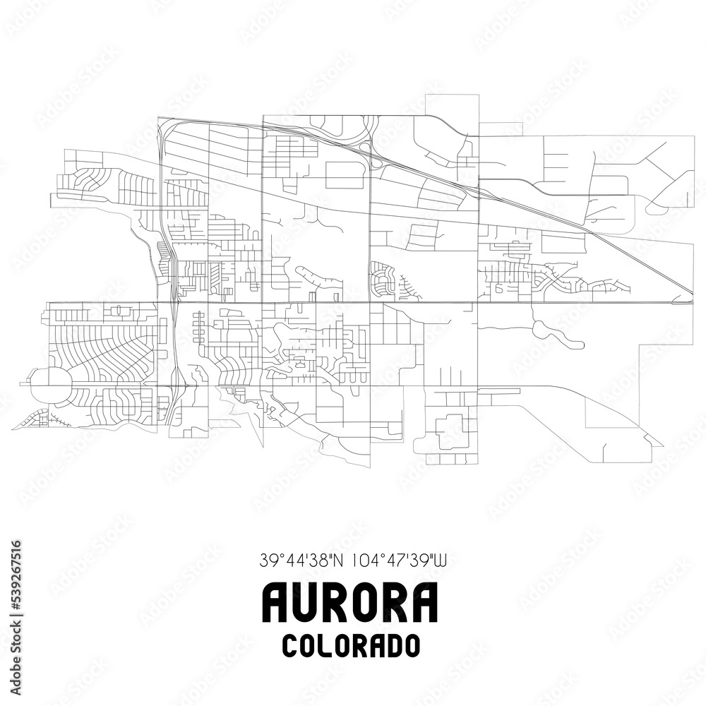 Aurora Colorado. US street map with black and white lines.