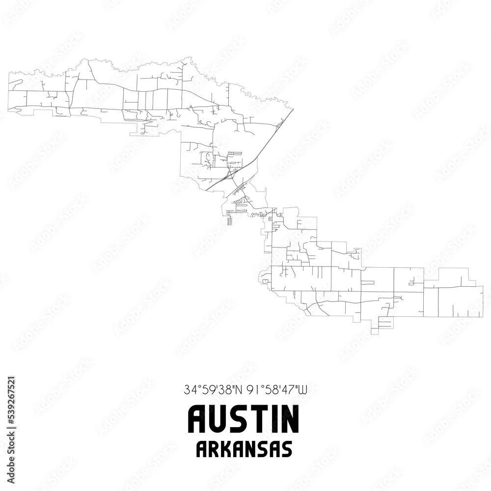 Austin Arkansas. US street map with black and white lines.