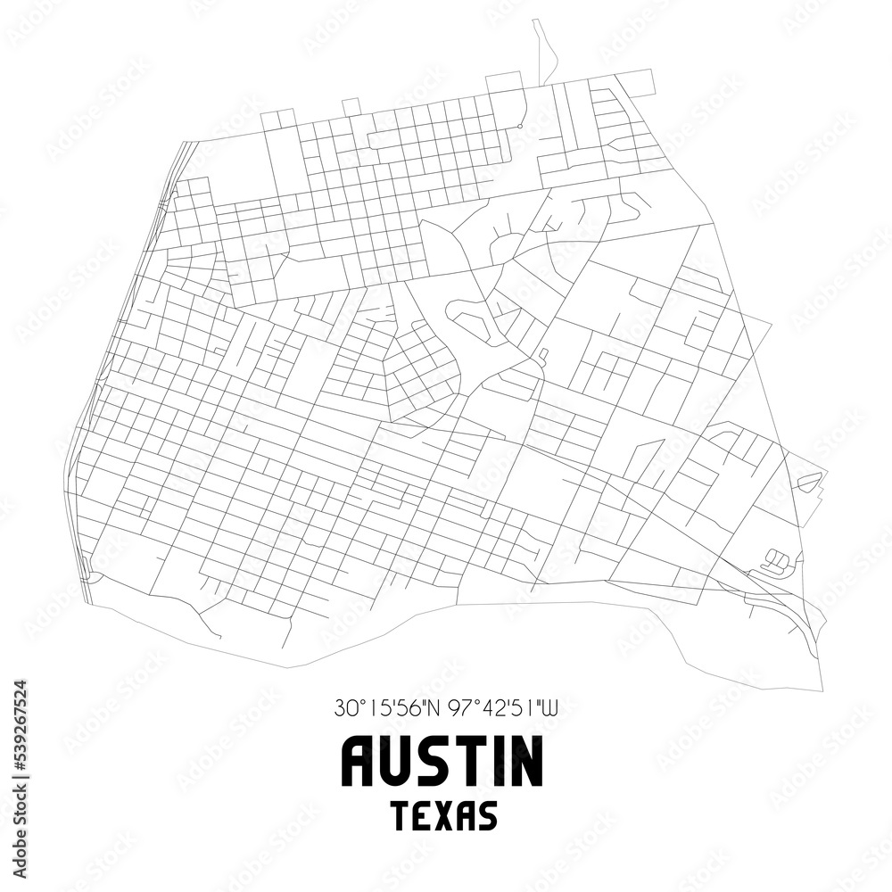 Austin Texas. US street map with black and white lines.