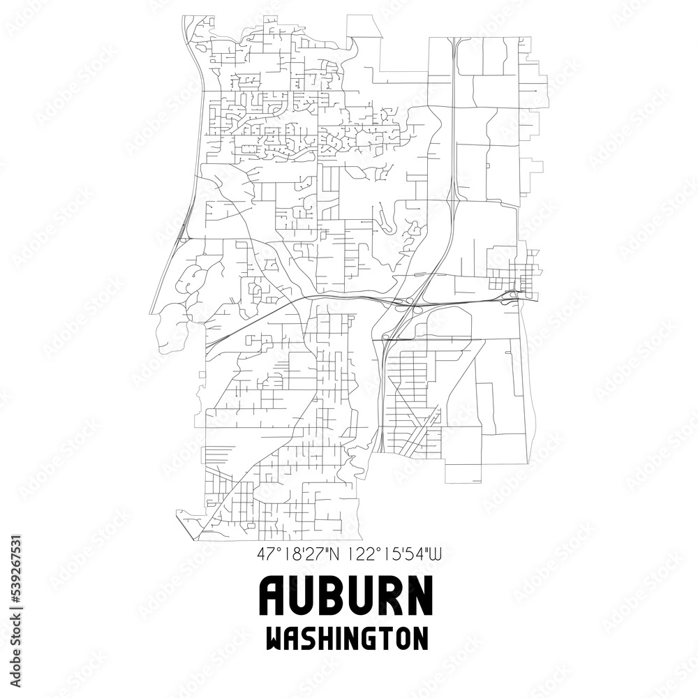 Auburn Washington. US street map with black and white lines.