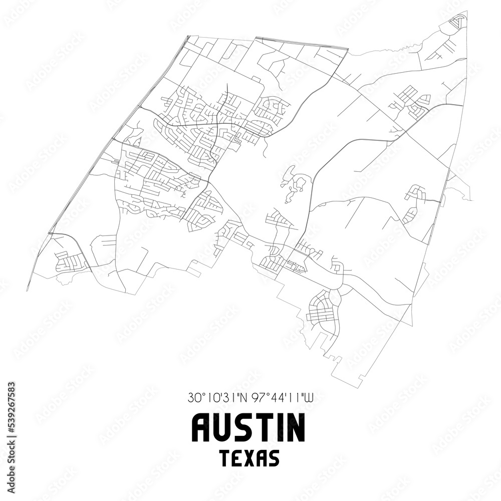 Austin Texas. US street map with black and white lines.