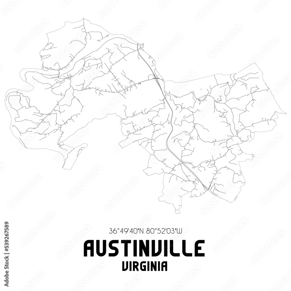 Austinville Virginia. US street map with black and white lines.