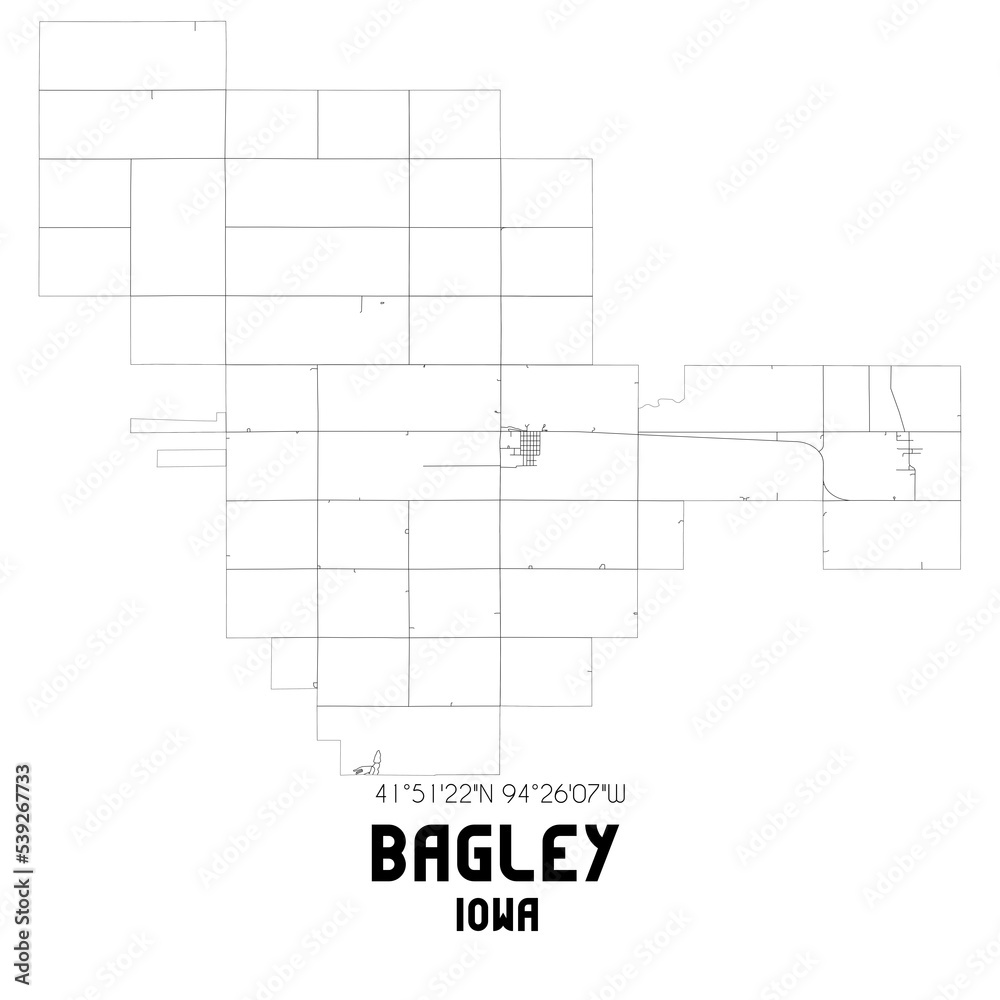 Bagley Iowa. US street map with black and white lines.