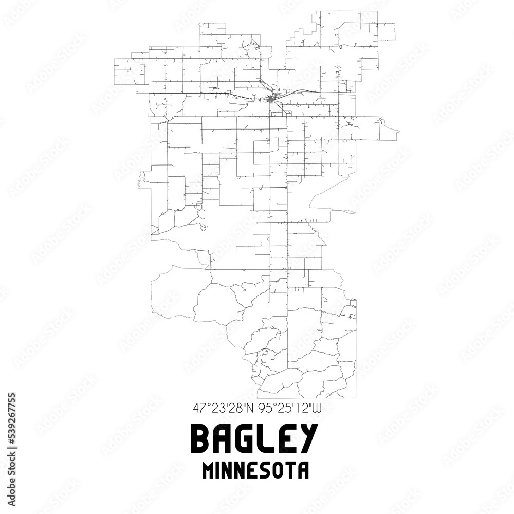 Bagley Minnesota. US street map with black and white lines.