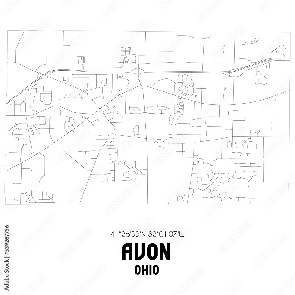 Avon Ohio. US street map with black and white lines.