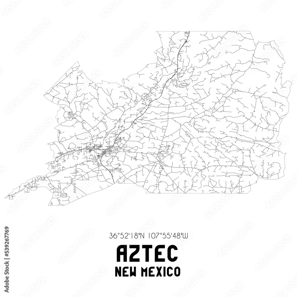 Aztec New Mexico. US street map with black and white lines.