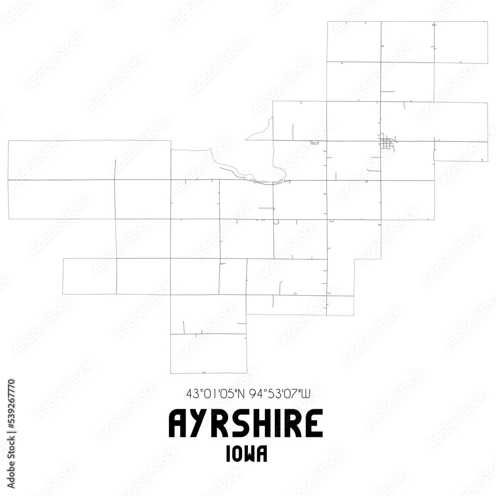 Ayrshire Iowa. US street map with black and white lines.