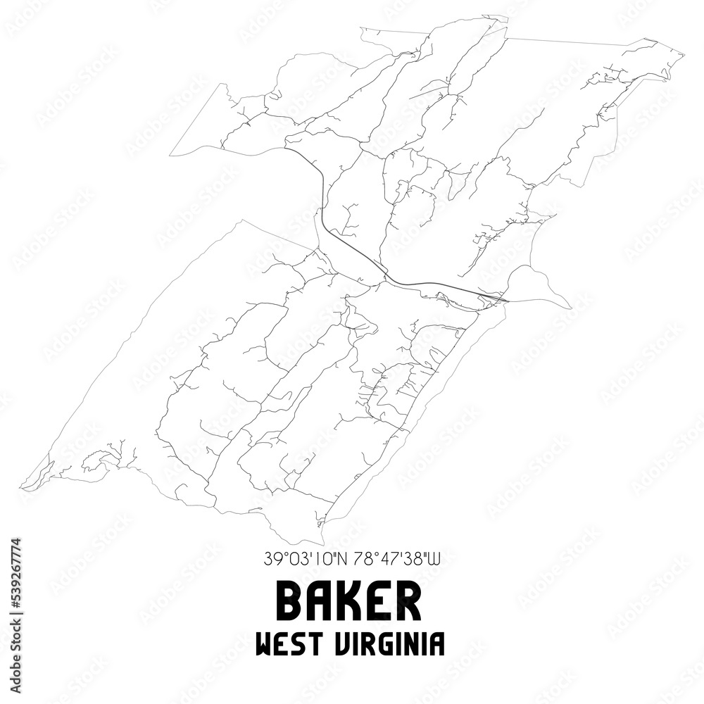 Baker West Virginia. US street map with black and white lines.