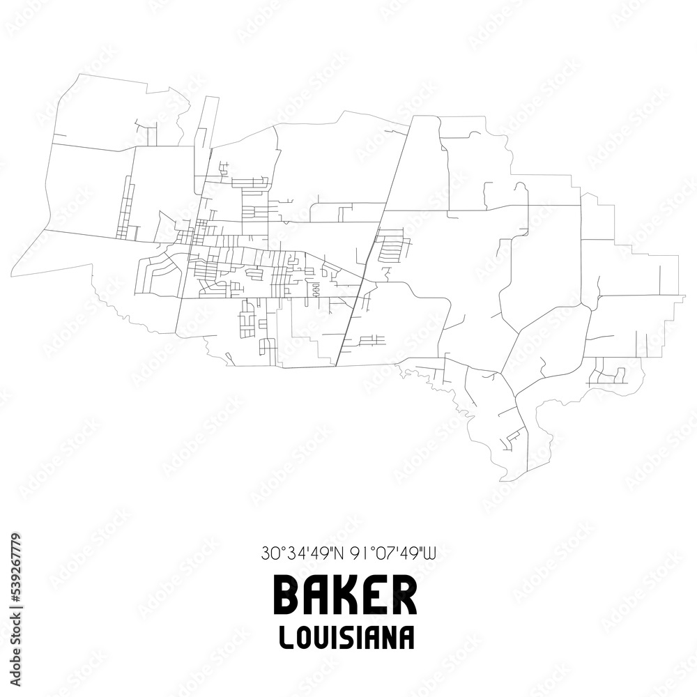 Baker Louisiana. US street map with black and white lines.