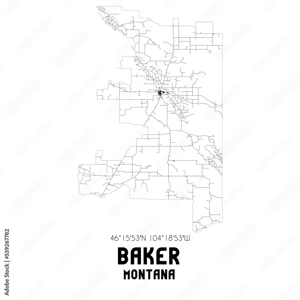 Baker Montana. US street map with black and white lines.