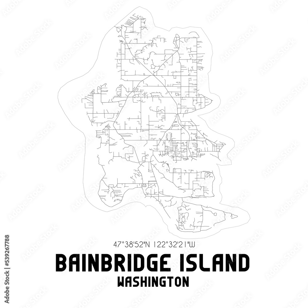 Bainbridge Island Washington. US street map with black and white lines.