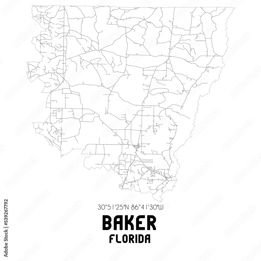 Baker Florida. US street map with black and white lines.