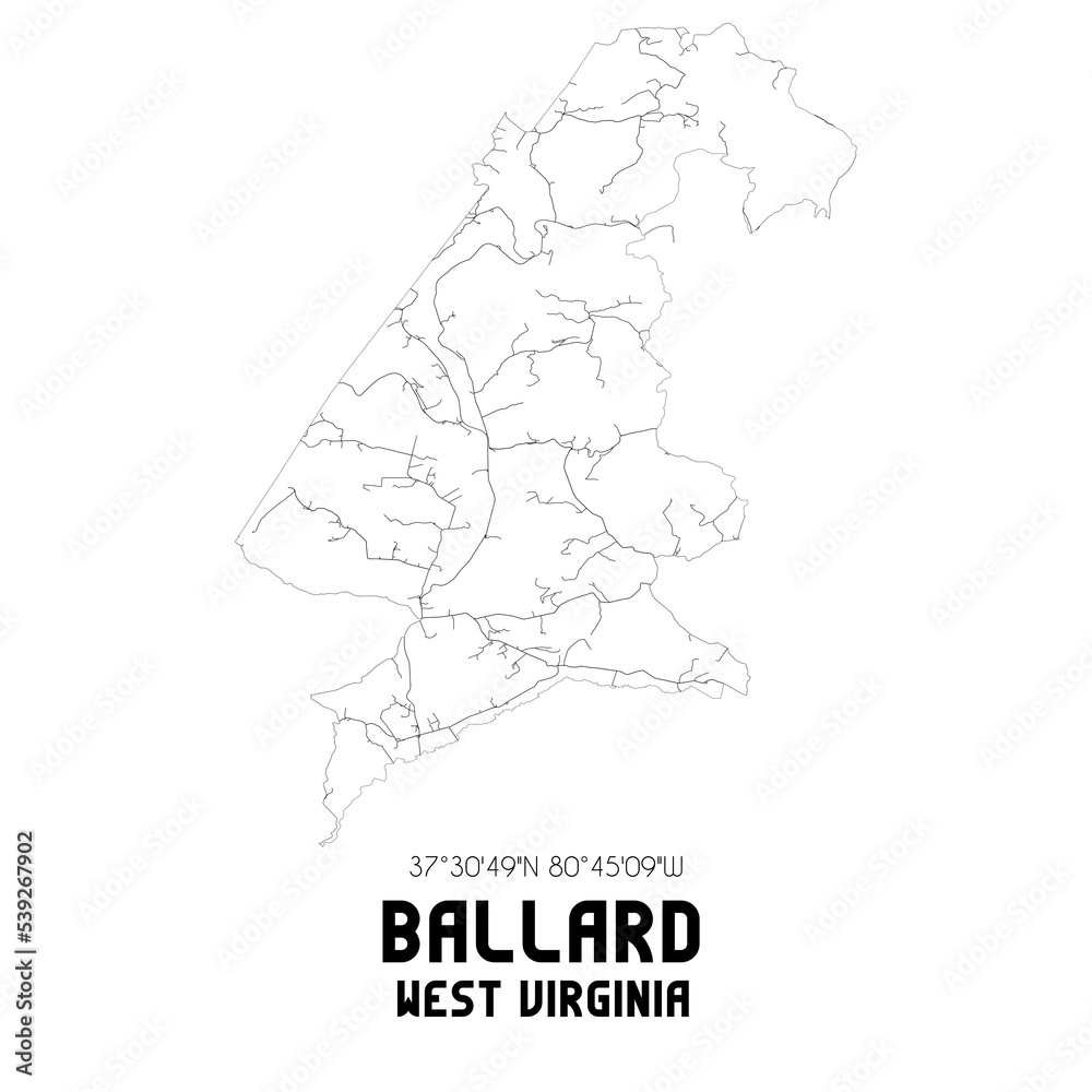 Ballard West Virginia. US street map with black and white lines.