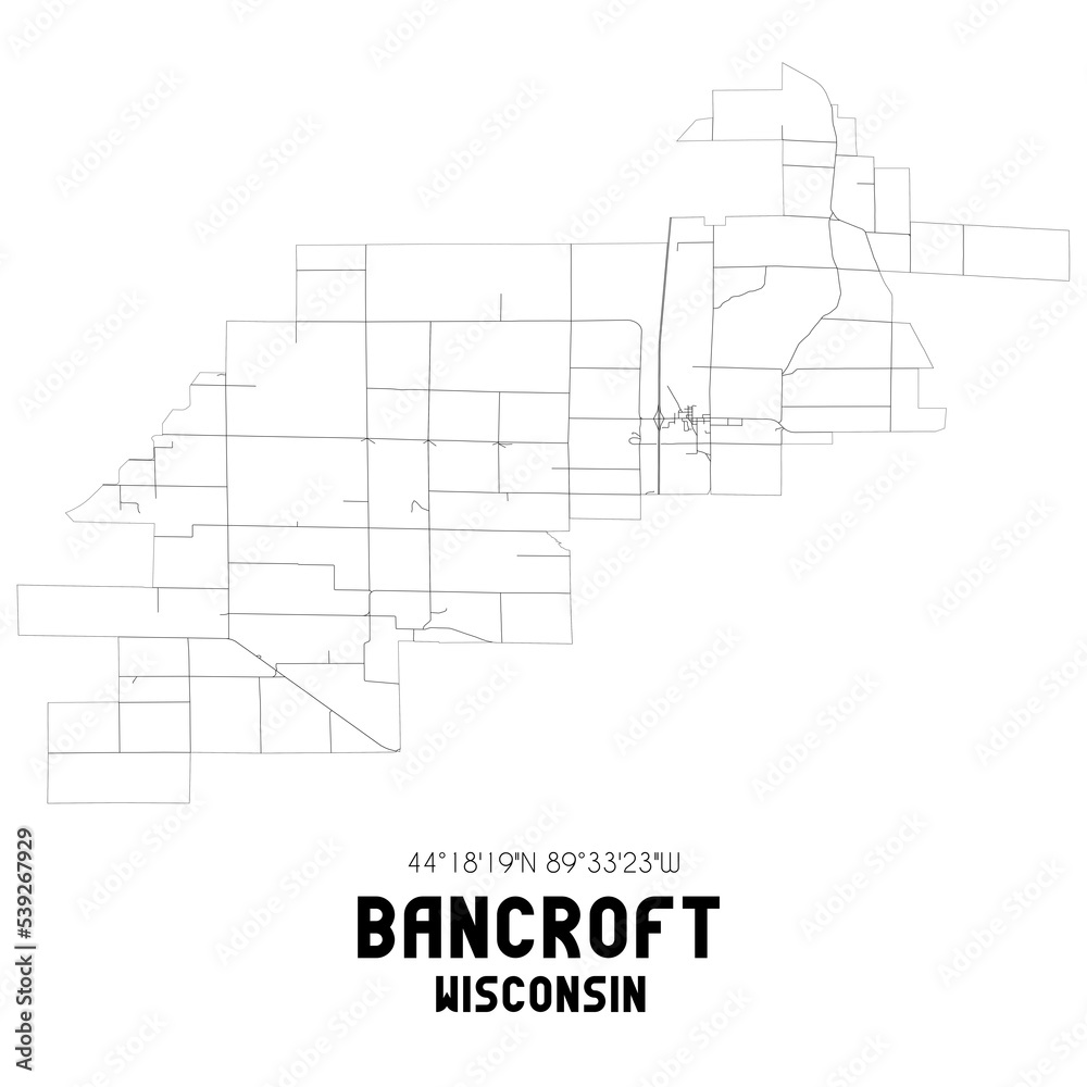 Bancroft Wisconsin. US street map with black and white lines.