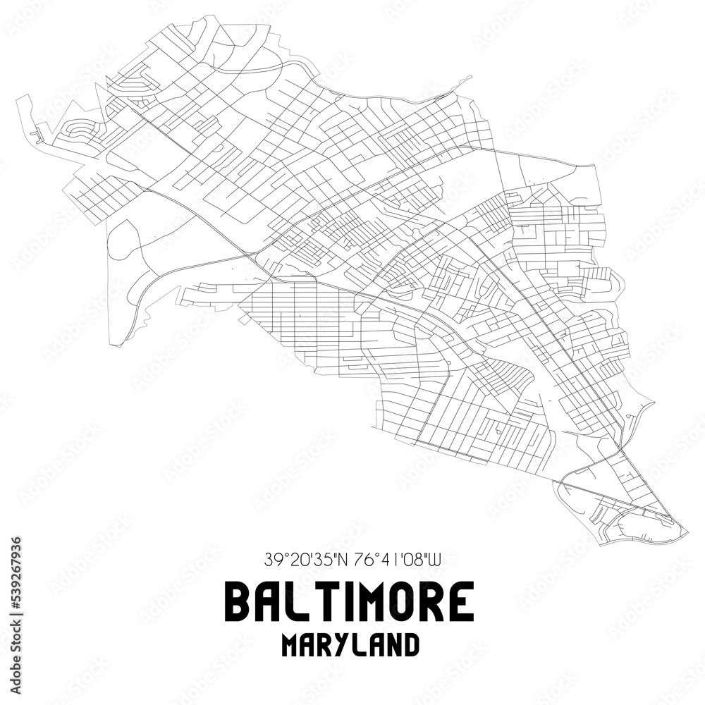 Baltimore Maryland. US street map with black and white lines.