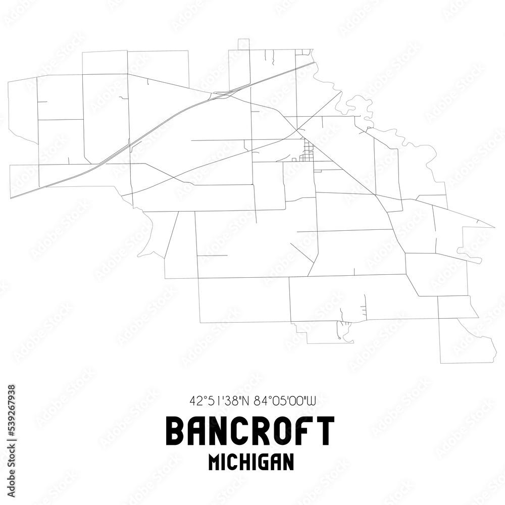 Bancroft Michigan. US street map with black and white lines.