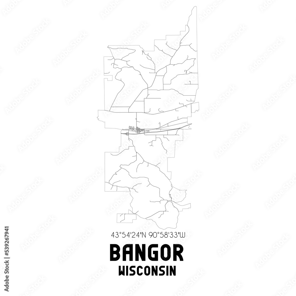 Bangor Wisconsin. US street map with black and white lines.