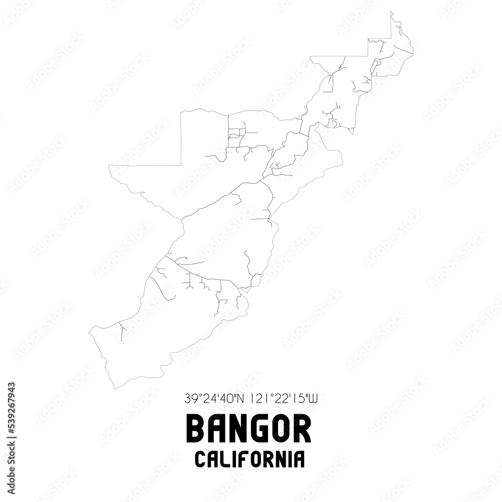 Bangor California. US street map with black and white lines.