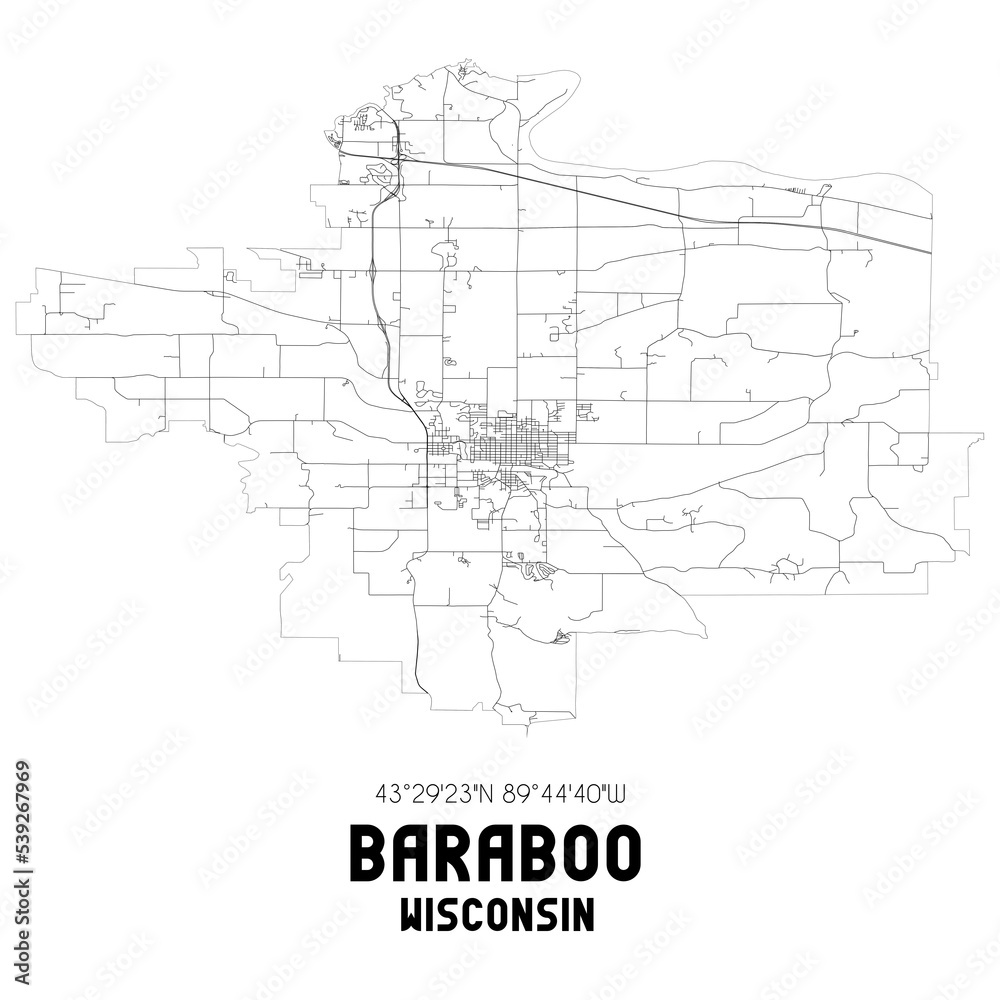 Baraboo Wisconsin. US street map with black and white lines.