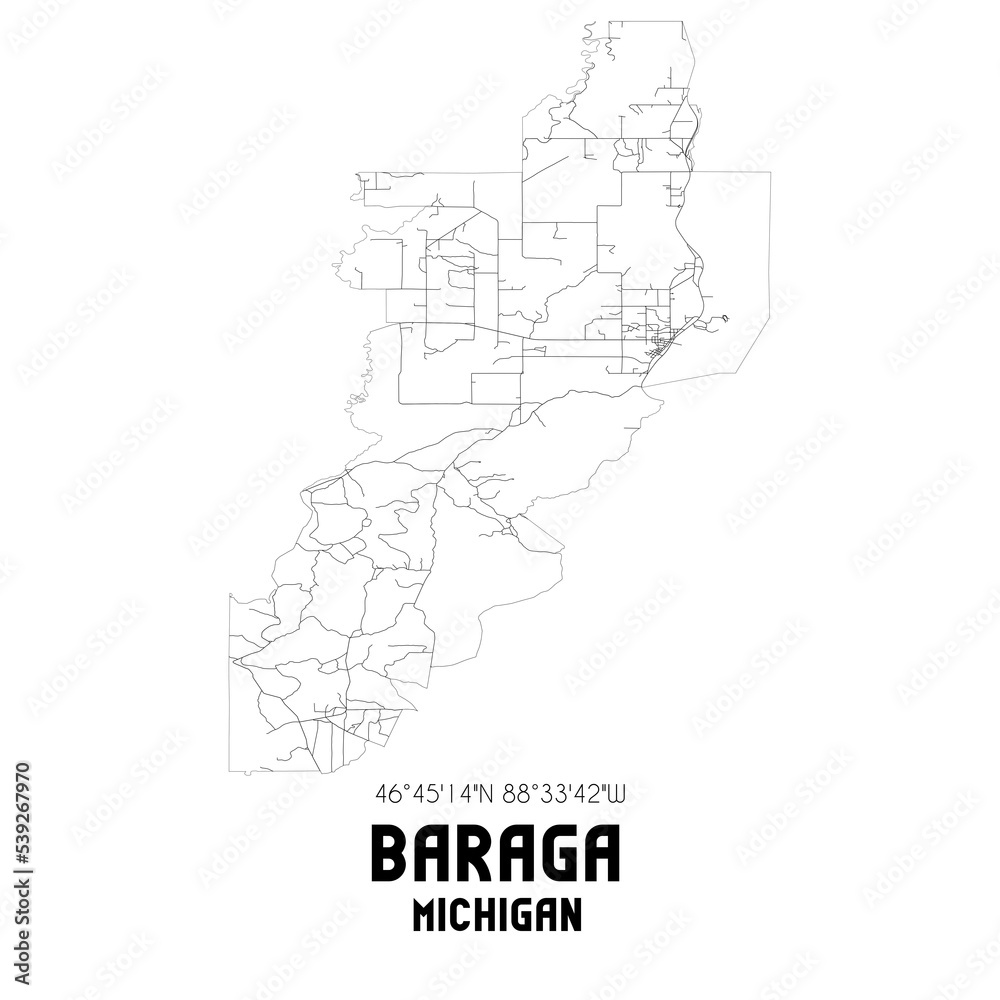 Baraga Michigan. US street map with black and white lines.
