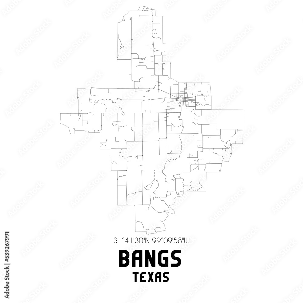 Bangs Texas. US street map with black and white lines.