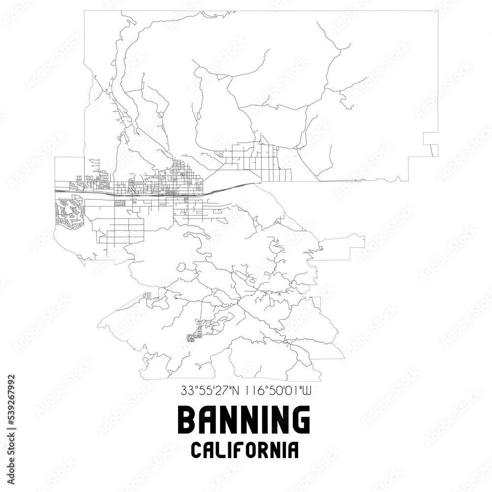 Banning California. US street map with black and white lines.