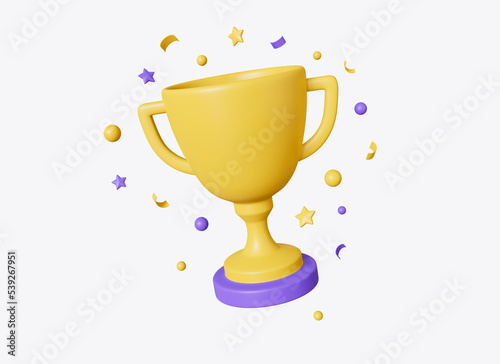 3d golden trophy cup and stars, confetti around in cartoon style. concept of victories or reward for achieving goals. realistic illustration isolated on white background. 3d rendering