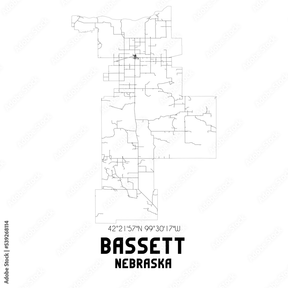Bassett Nebraska. US street map with black and white lines.