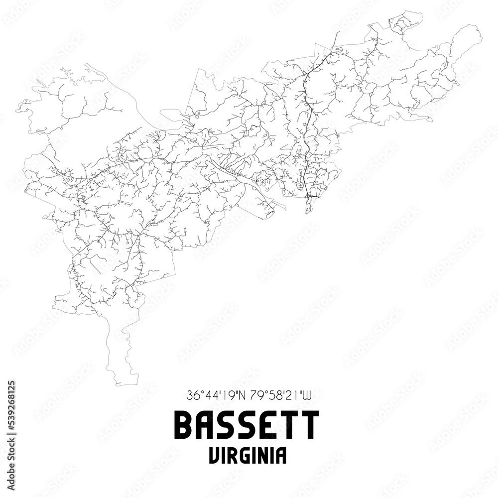 Bassett Virginia. US street map with black and white lines.