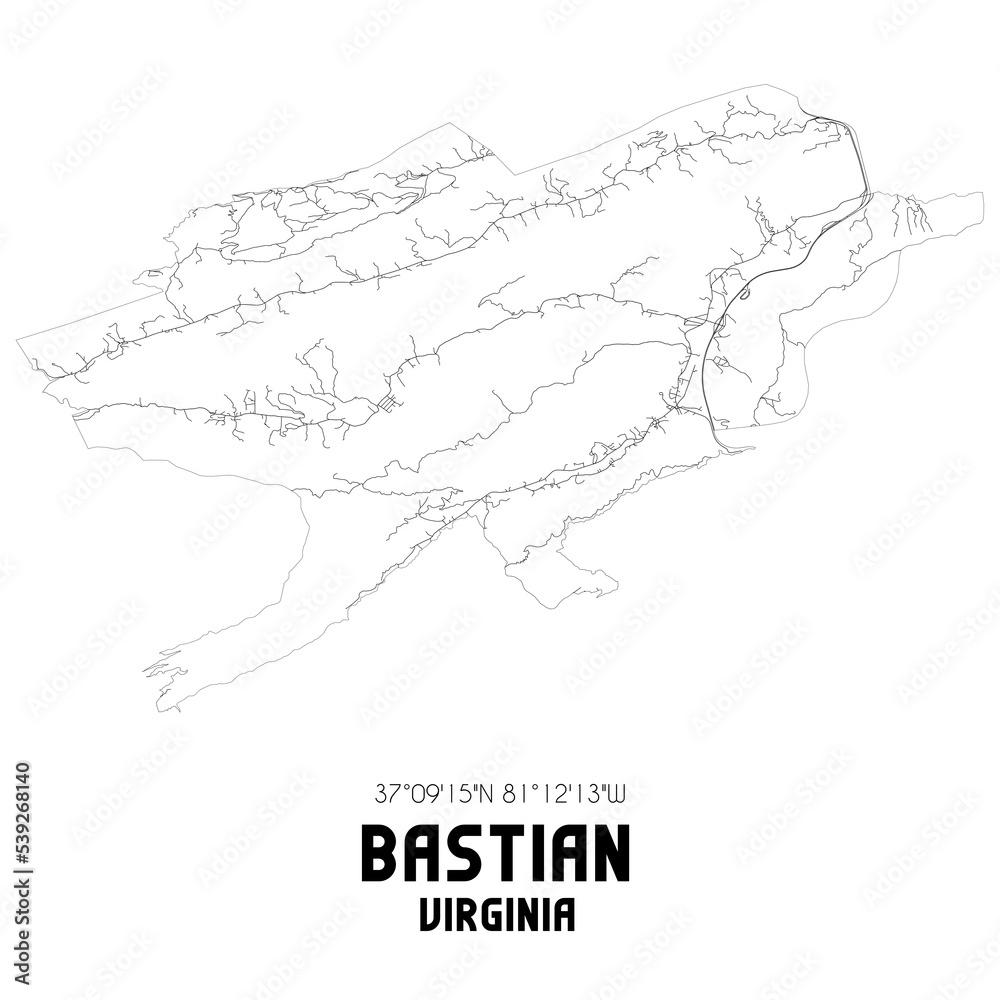Bastian Virginia. US street map with black and white lines.