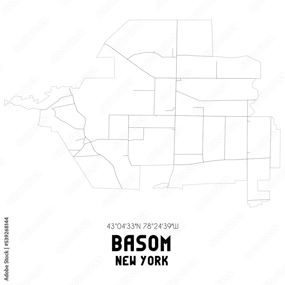 Basom New York. US street map with black and white lines.