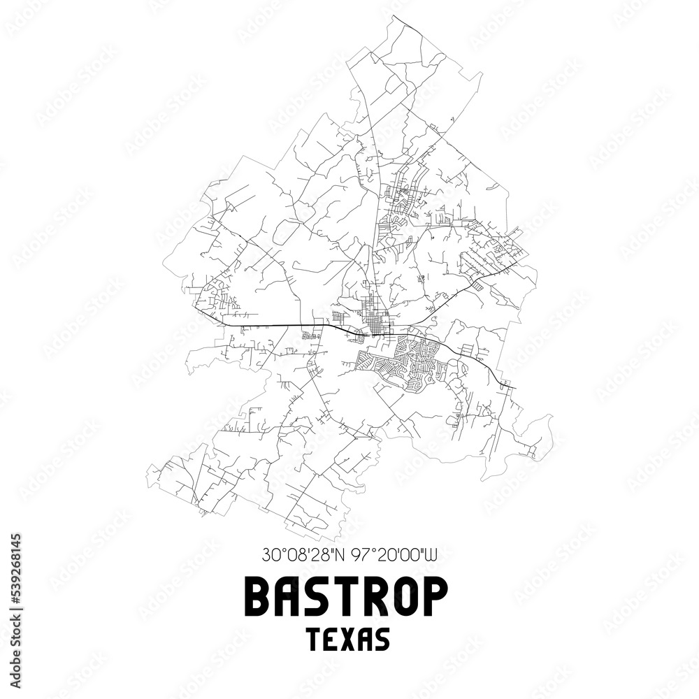 Bastrop Texas. US street map with black and white lines.
