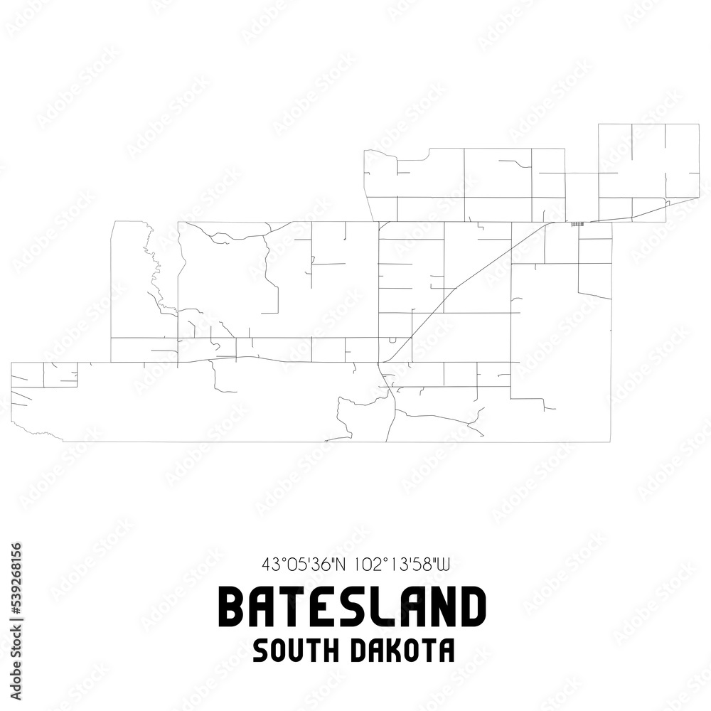 Batesland South Dakota. US street map with black and white lines.
