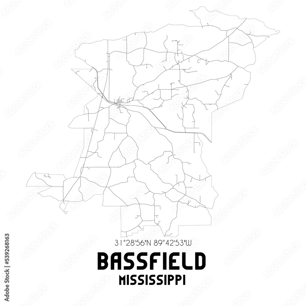 Bassfield Mississippi. US street map with black and white lines.
