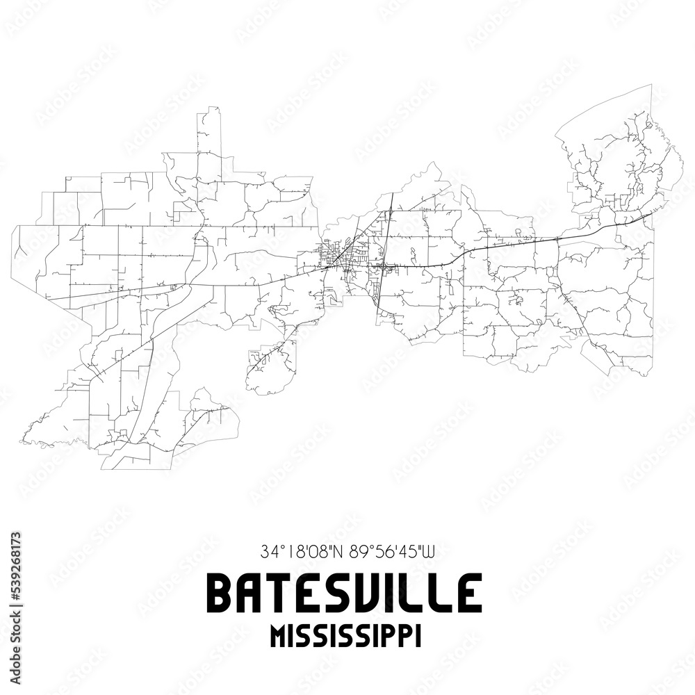 Batesville Mississippi. US street map with black and white lines.