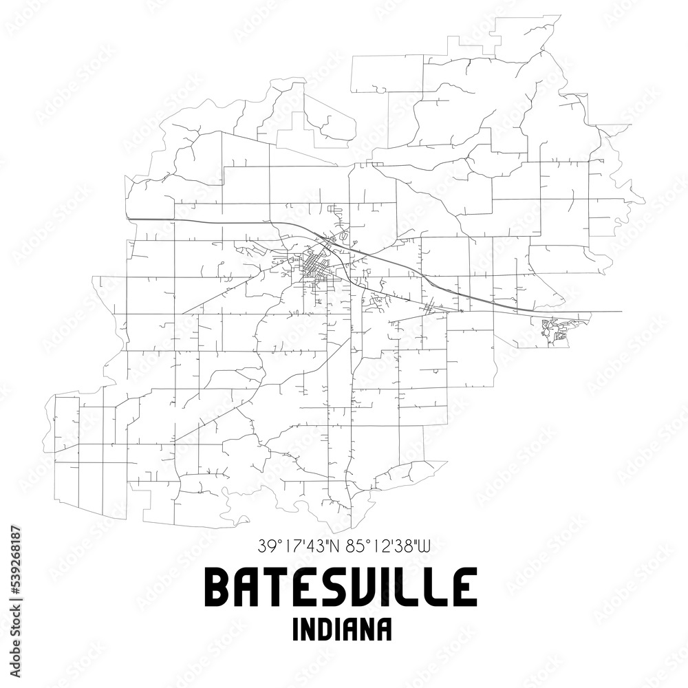 Batesville Indiana. US street map with black and white lines.