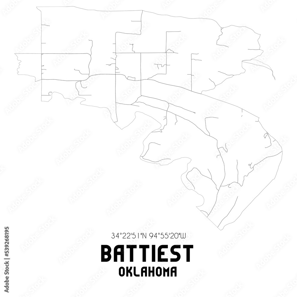 Battiest Oklahoma. US street map with black and white lines.