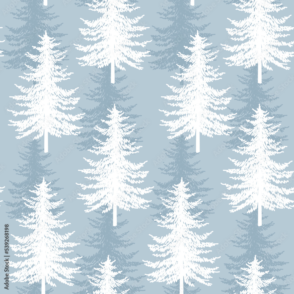 Fototapeta premium Christmas tree seamless vector pattern. Watercolor Noel firs print, winter frozen pine trees on blue background, wallpaper, wrapping paper design