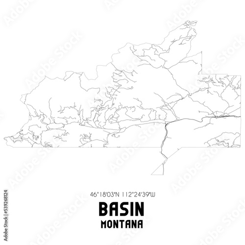 Basin Montana. US street map with black and white lines.