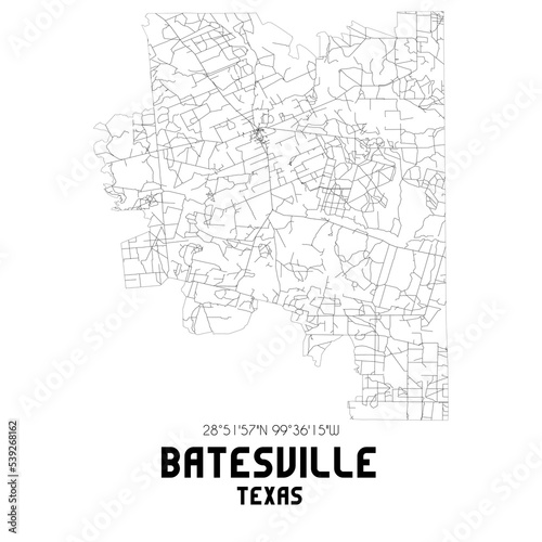 Batesville Texas. US street map with black and white lines.