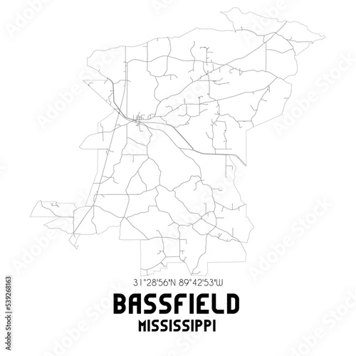 Bassfield Mississippi. US street map with black and white lines.