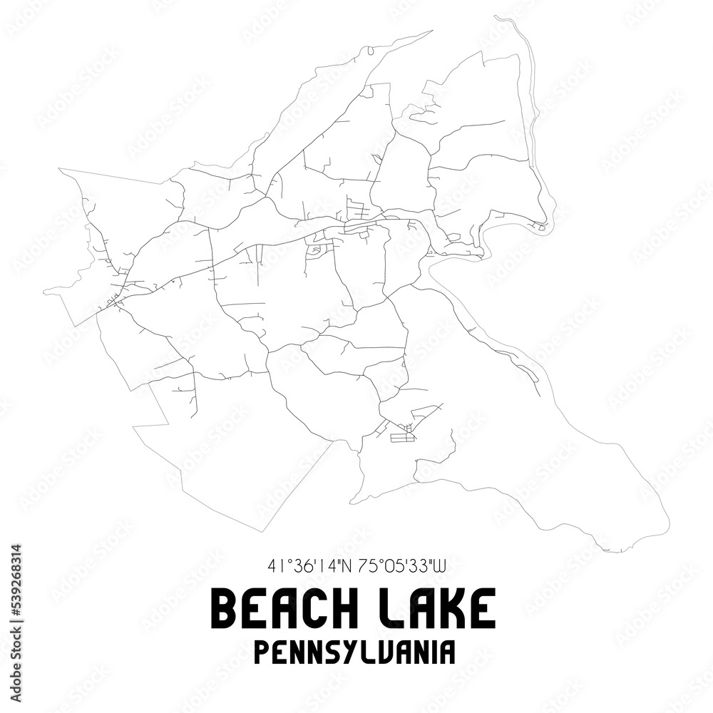 Beach Lake Pennsylvania. US street map with black and white lines.