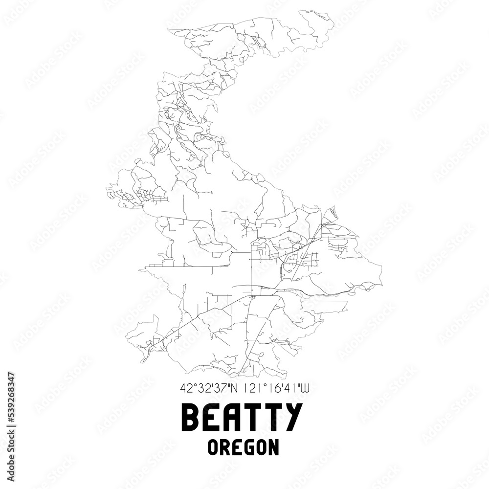 Beatty Oregon. US street map with black and white lines.