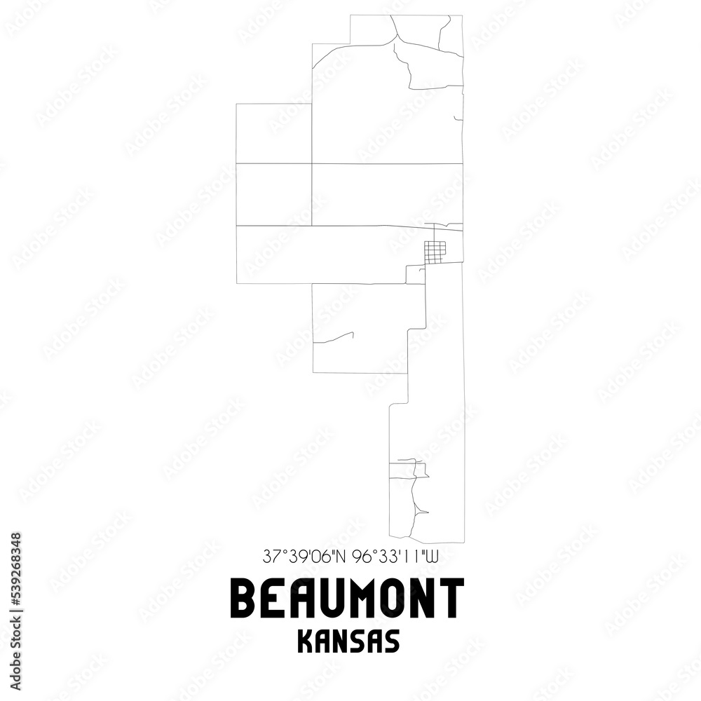 Beaumont Kansas. US street map with black and white lines.