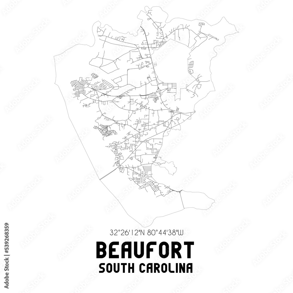 Beaufort South Carolina. US street map with black and white lines.