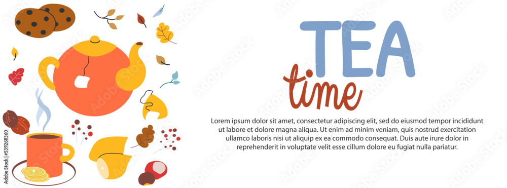Tea time horizontal background vector illustration decorated by autumn leaves. Tea accessories, lemon and chocolate cookies Cozy lifestyle Warm colors Flat cartoon style 