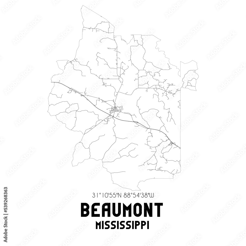 Beaumont Mississippi. US street map with black and white lines.