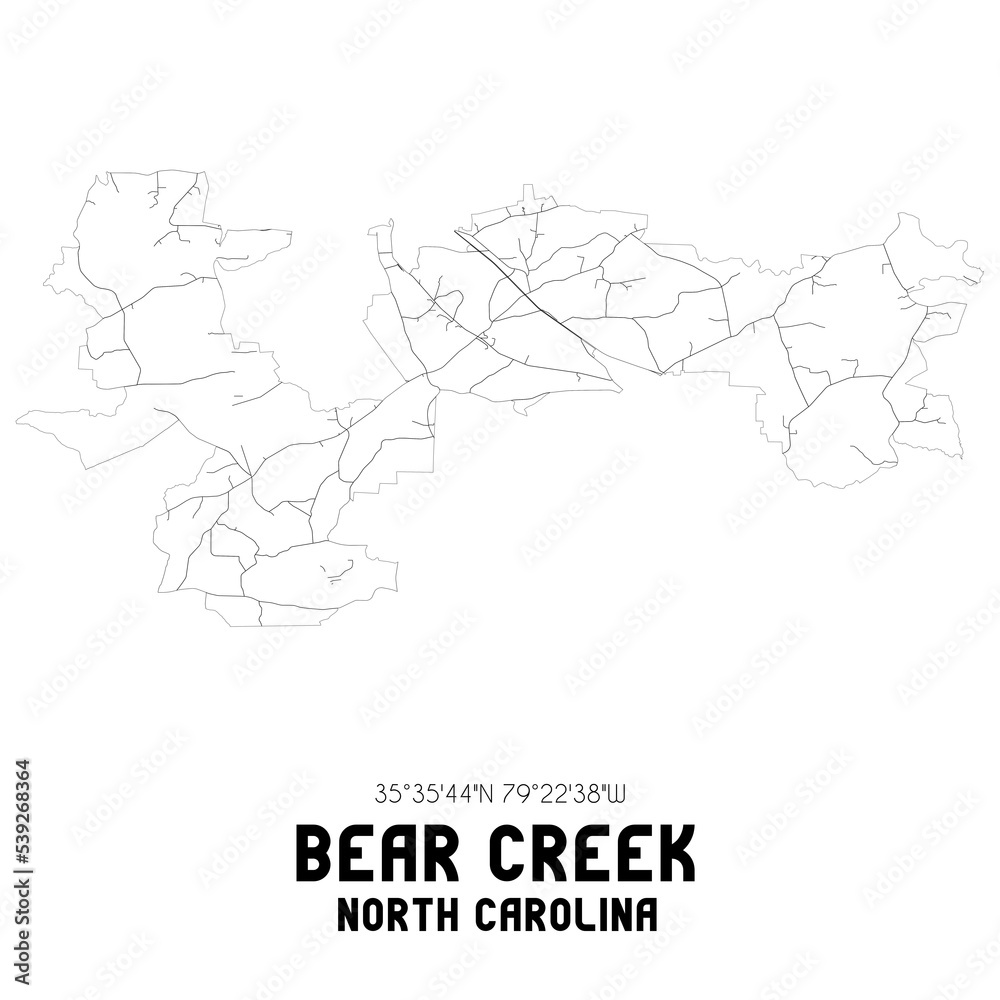 Bear Creek North Carolina. US street map with black and white lines.