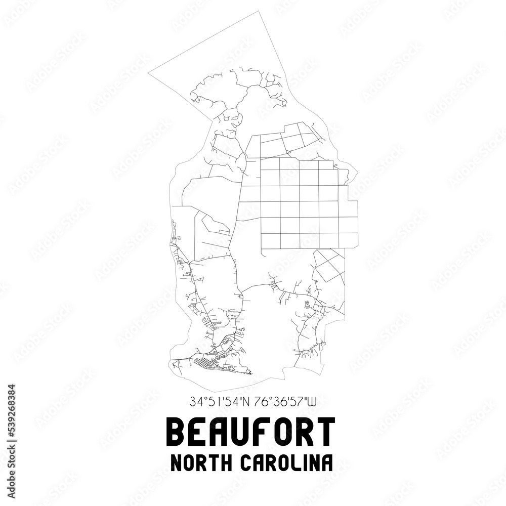 Beaufort North Carolina. US street map with black and white lines.