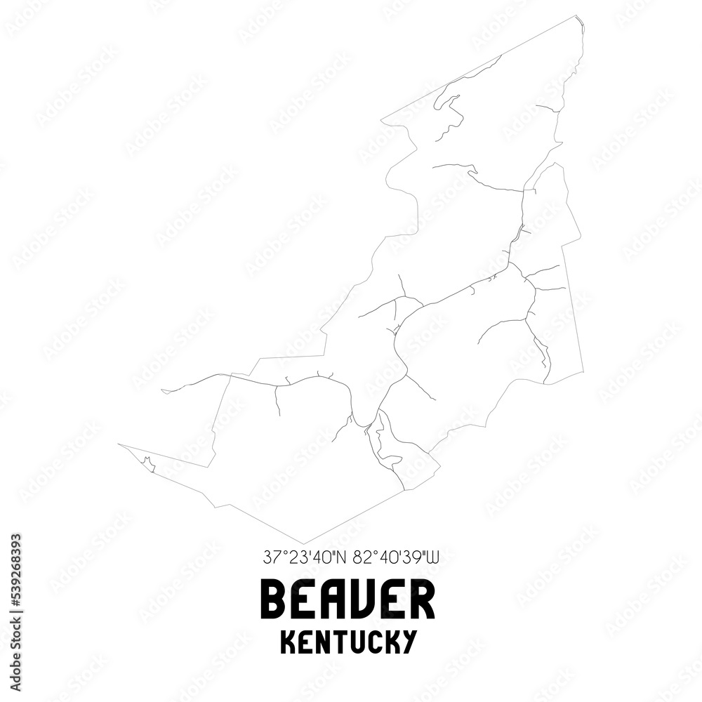 Beaver Kentucky. US street map with black and white lines.